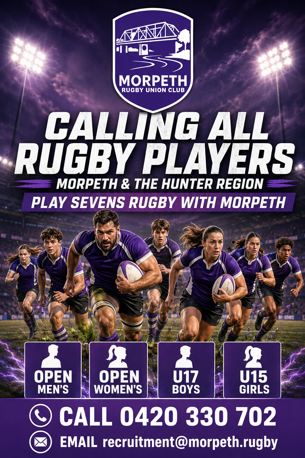 Morpeth Rugby Sevens player recruitment flyer